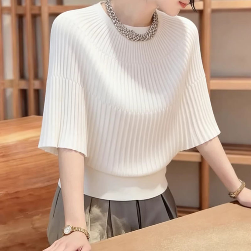 Summer Clothing Yarn - 女性服夏 O ネックニットセーター女性プルオーバー新白半袖ニットセータープルオーバー女性トップス 2026 Q3863