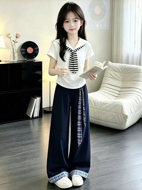 Summer Clothing Old Navy - 女の子用夏のファッショナブルな半袖トップスとワイドレッグパンツセット、通気性のあるツーピーススーツ、子供服、ネイビースタイル