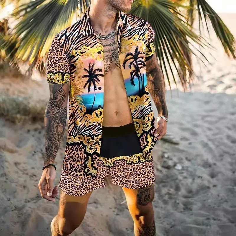 Summer Clothing Usa - 夏の上質メンズシャツセット ココナッツプリント半袖トップス レオパードプリントショーツ 2ピース ハワイビーチメンズファッションウェア