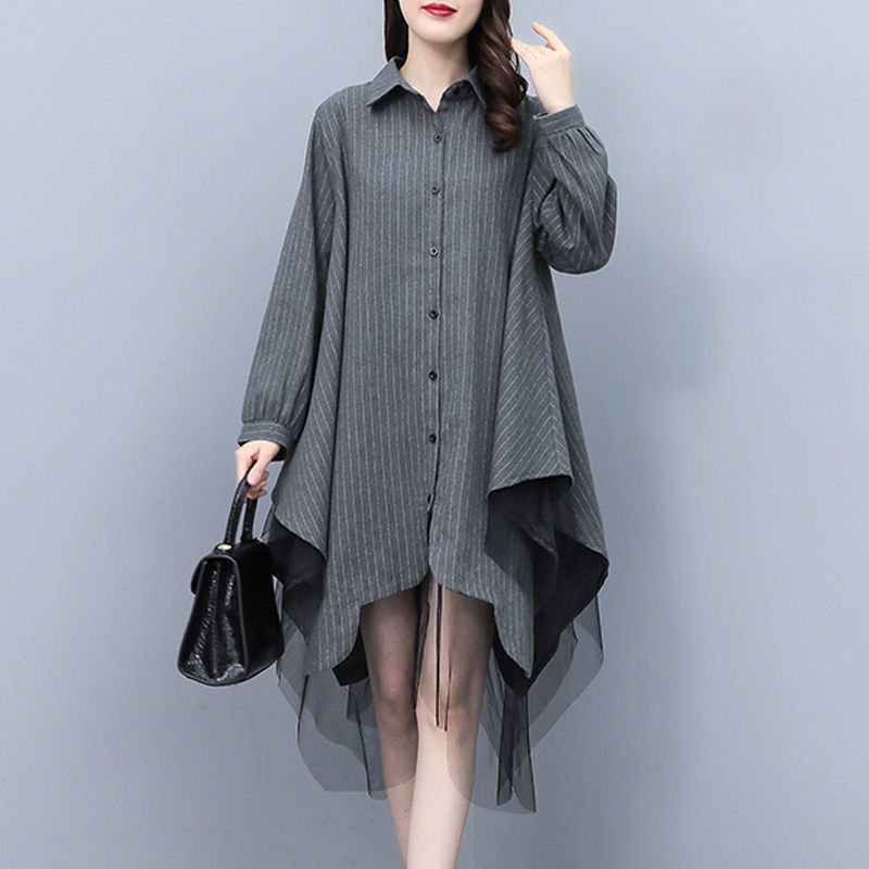Summer Gauze Clothing - ハイストリートスタイリッシュなガーゼパッチワークブラウス婦人服カジュアル不規則な春秋通勤シングルブレストラペルシャツ