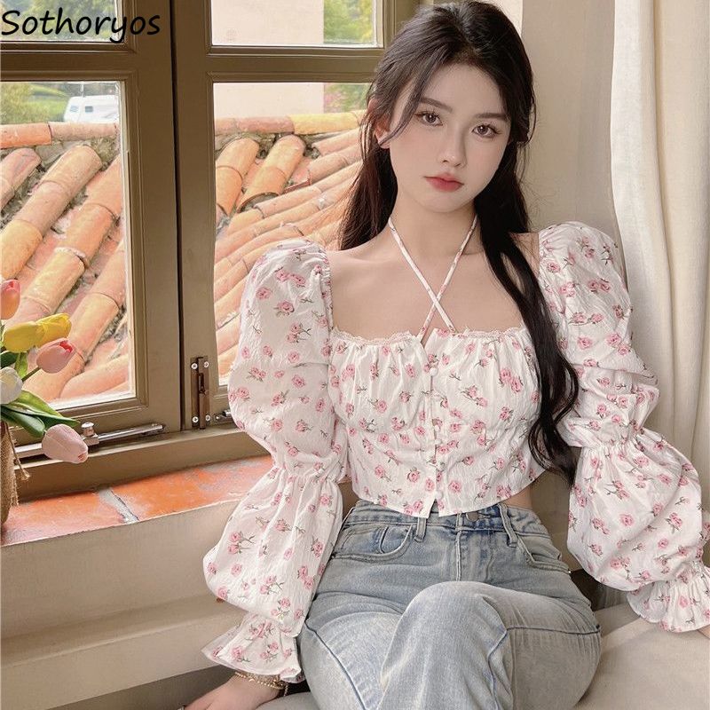 Crop Blouse Linen - 花柄のエレガントな女性のブラウス,柔らかな衣服,半袖,韓国スタイル,夏,人気
