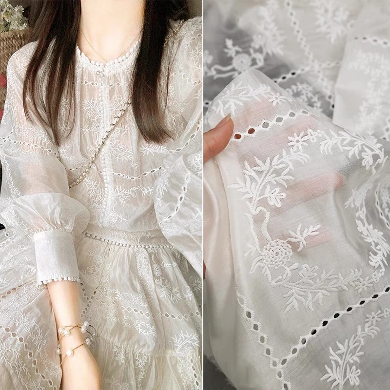 Summer Gauze Clothing - 花の刺embroideryが施された透かし彫りの生地,ストラップ付きドレス,デザイナーシャツ,メーター付き生地,春と夏の衣類