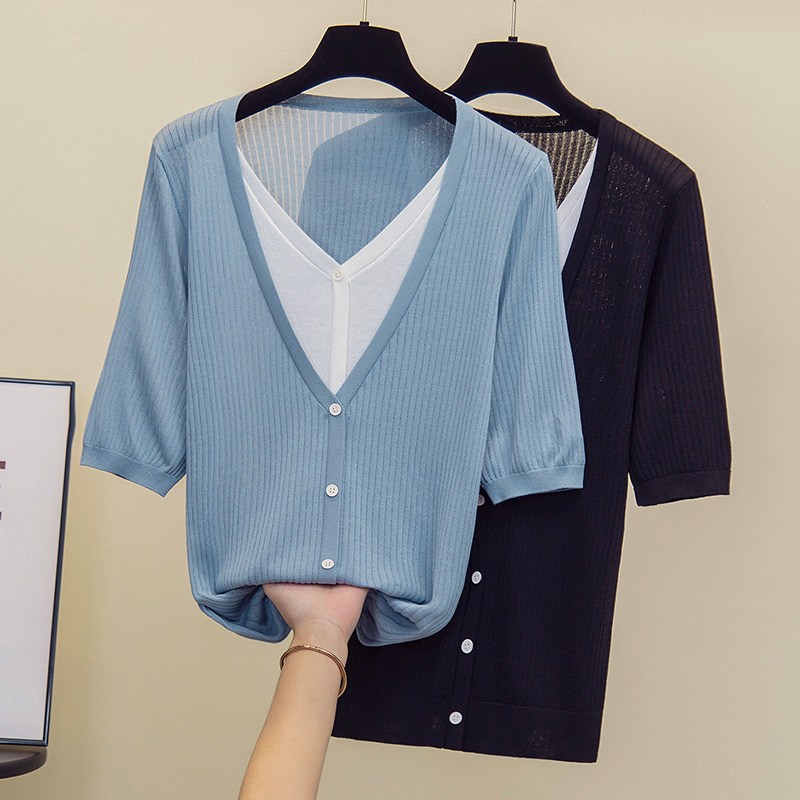 Summer Clothing Yarn - 女性用半袖ニットセーター,特大セーター,Vネック,ルーズ,カラーステッチ,カジュアルウェア