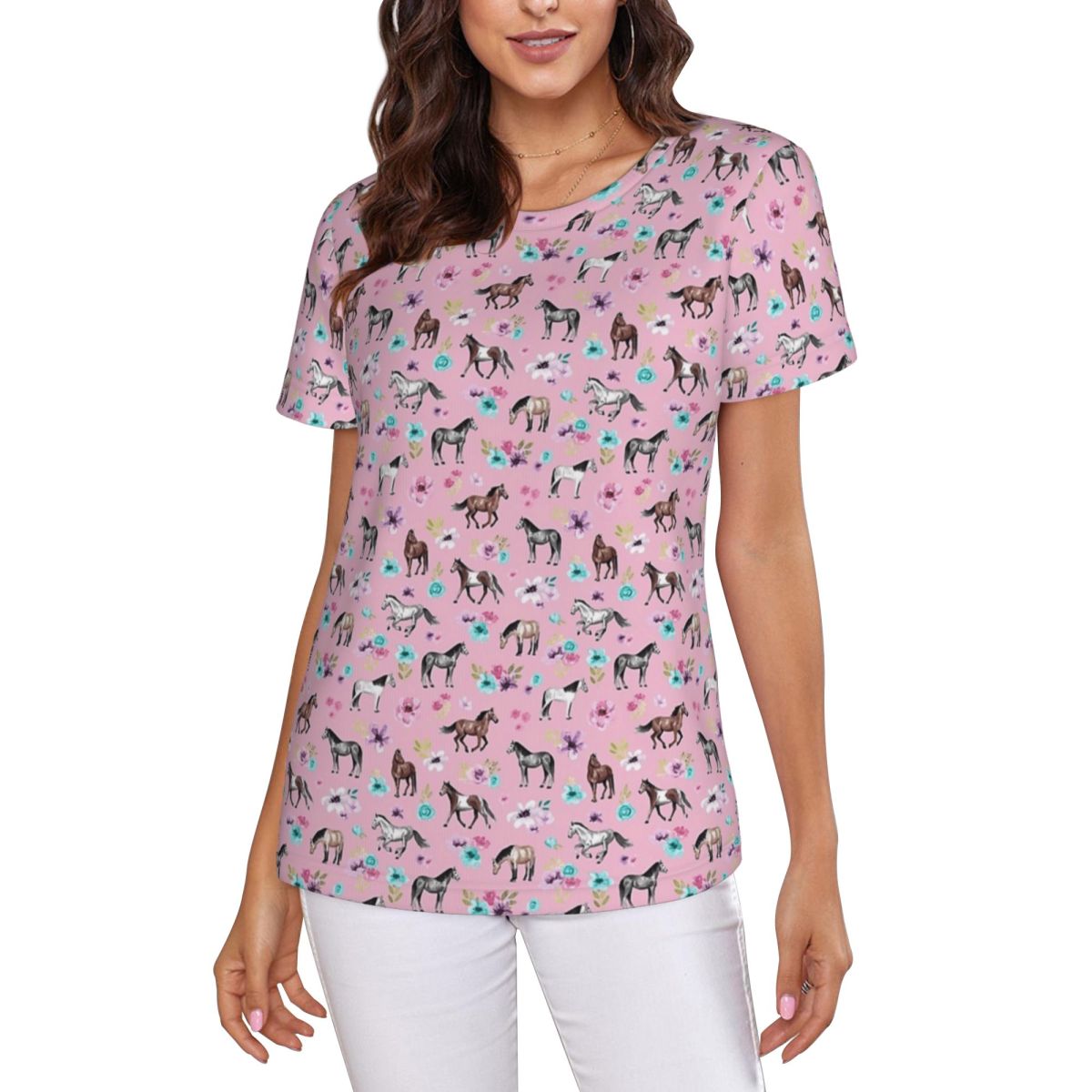 ピンクの馬と花、乗馬アート、馬の装飾Tシャツ女性用半袖Tシャ - Summer Equestrian Clothing のレビューと価格