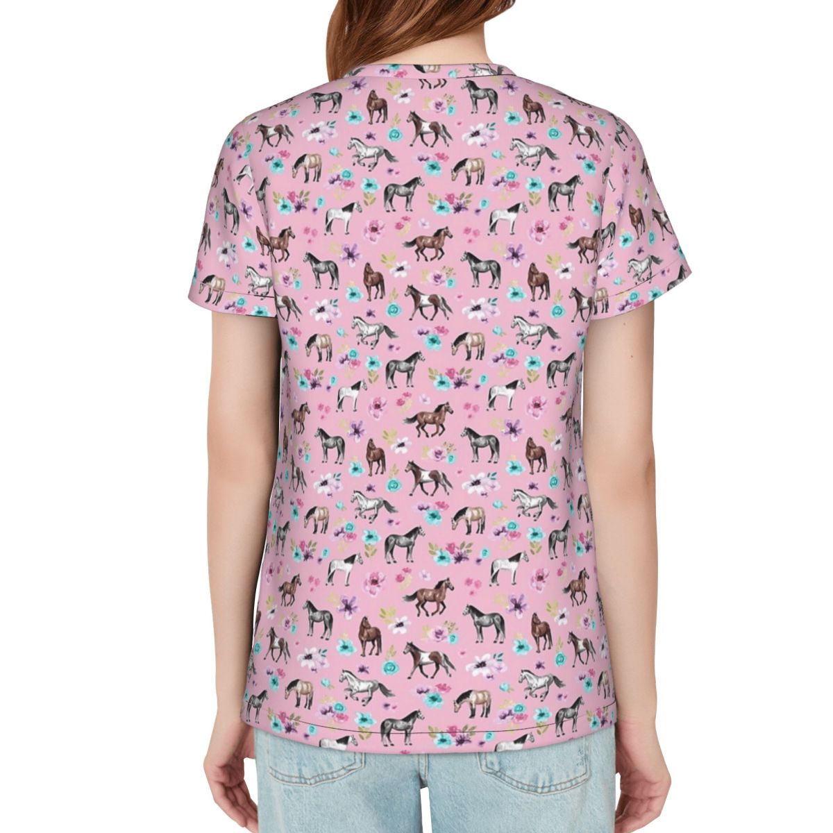 ピンクの馬と花、乗馬アート、馬の装飾Tシャツ女性用半袖Tシャ - Summer Equestrian Clothing のレビューと価格