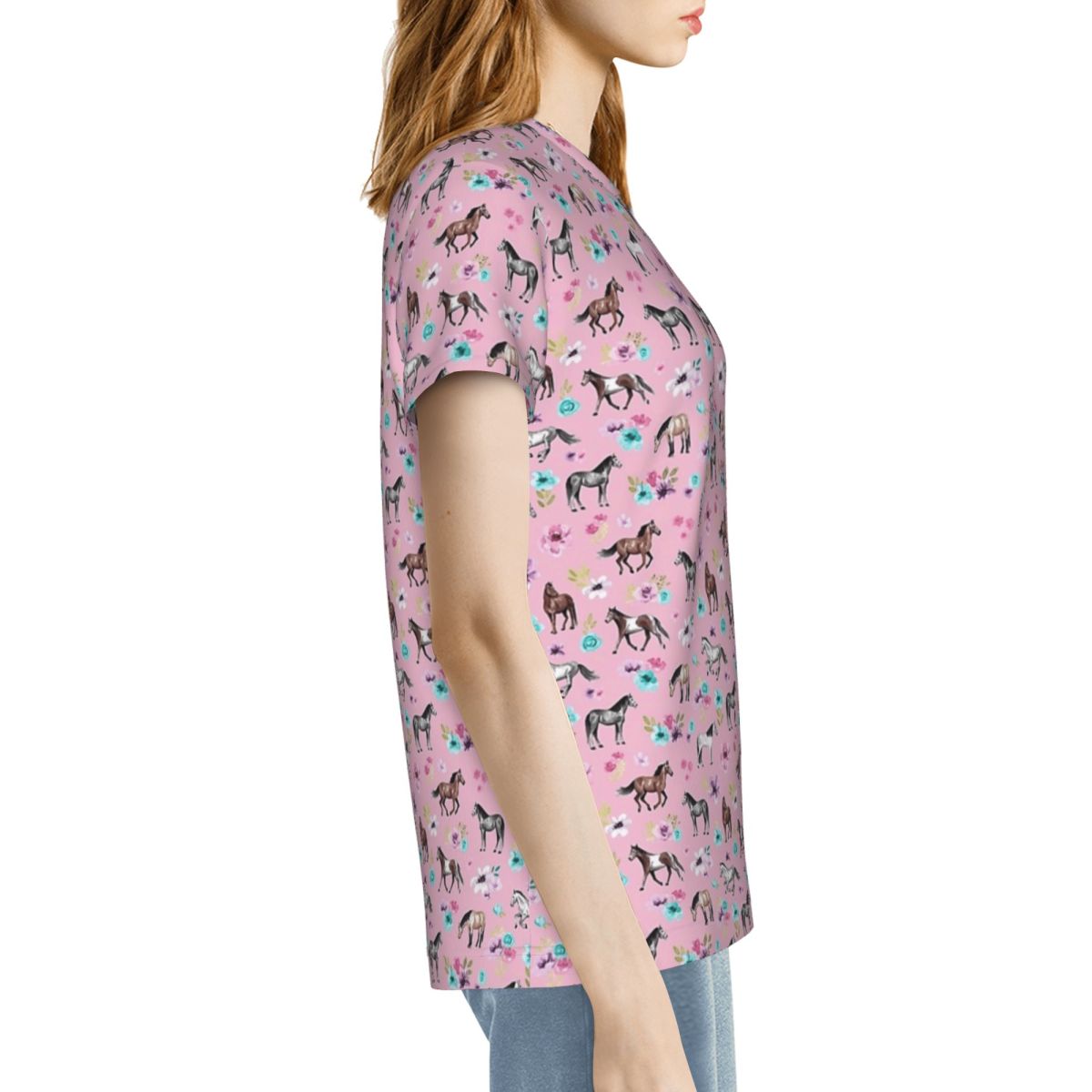 ピンクの馬と花、乗馬アート、馬の装飾Tシャツ女性用半袖Tシャ - Summer Equestrian Clothing のレビューと価格