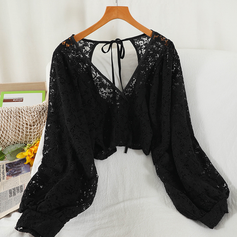 女性の無地のレースのブラウス,シンプルなデザインの服,Vネッ - Crop Blouse Linen のレビューと価格
