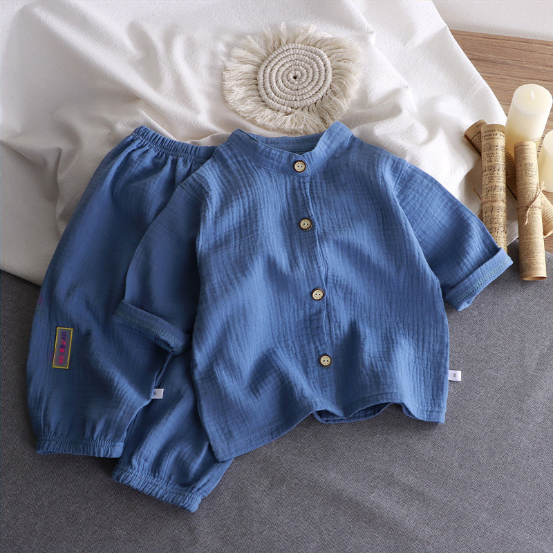 子供のスタンドカラーセット男の子女の子夏薄い純粋な綿ホームウ - Summer Gauze Clothing のレビューと価格