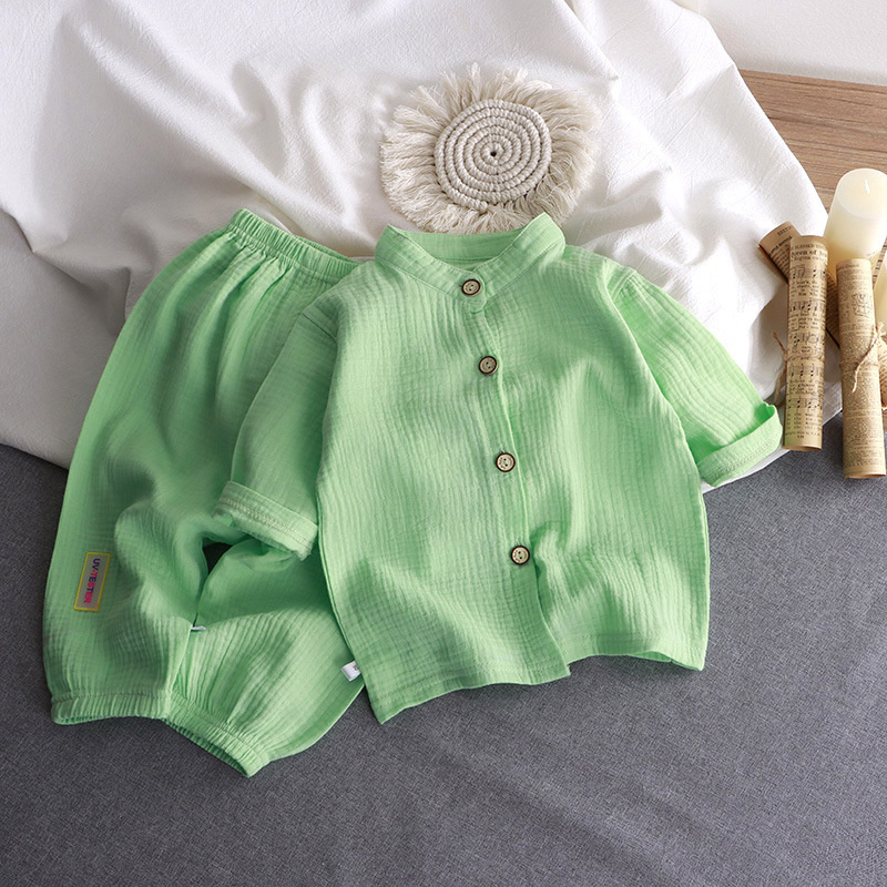 子供のスタンドカラーセット男の子女の子夏薄い純粋な綿ホームウ - Summer Gauze Clothing のレビューと価格