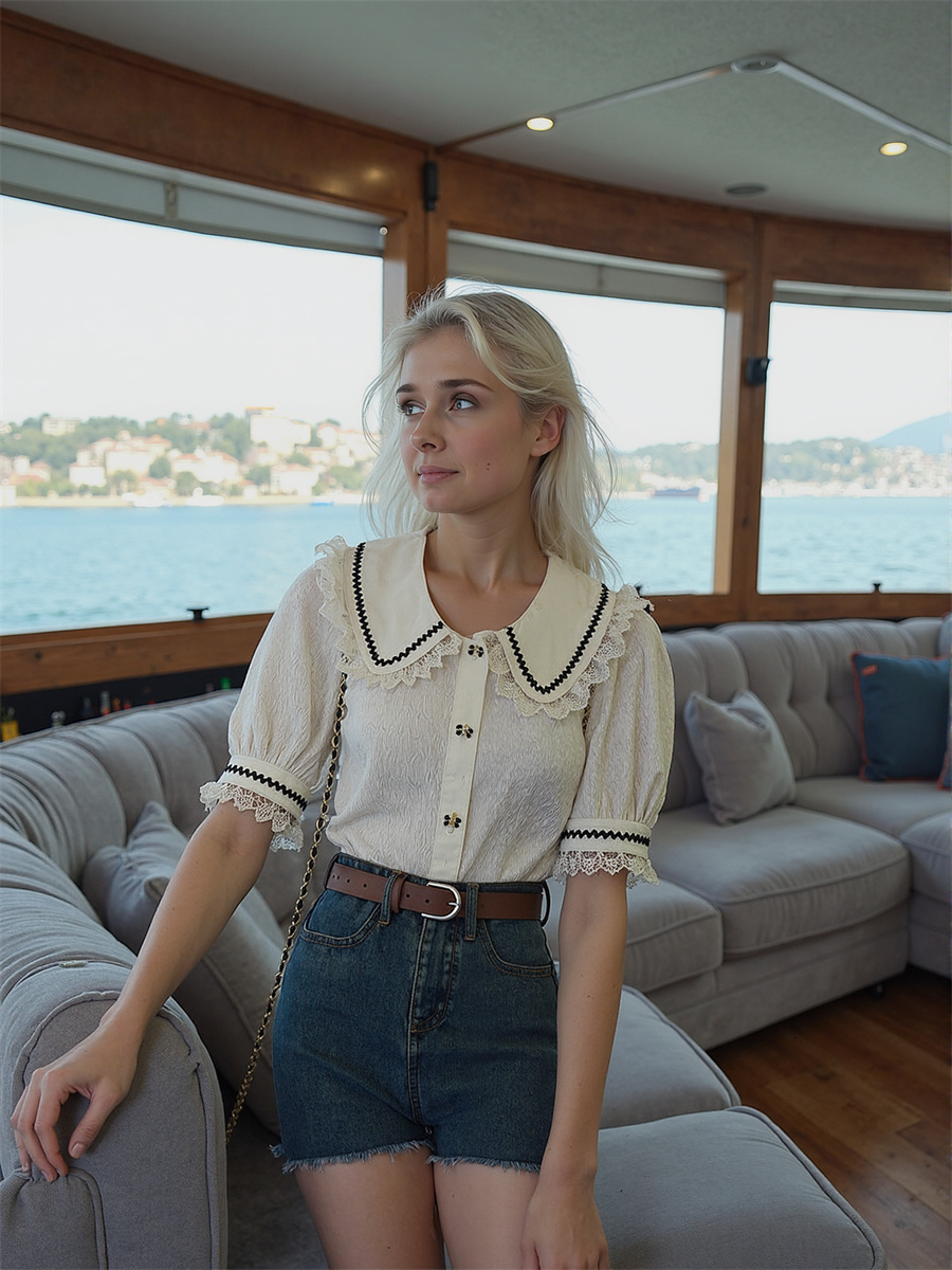 かわいいレースシャツ、女の子用ブラウス、女性用冬服、クロップ - Crop Blouse Linen のレビューと価格