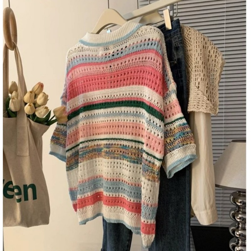 女性服夏のコントラストカラーストライプ中空アウト半袖ニットヴ - Summer Clothing Yarn のレビューと価格