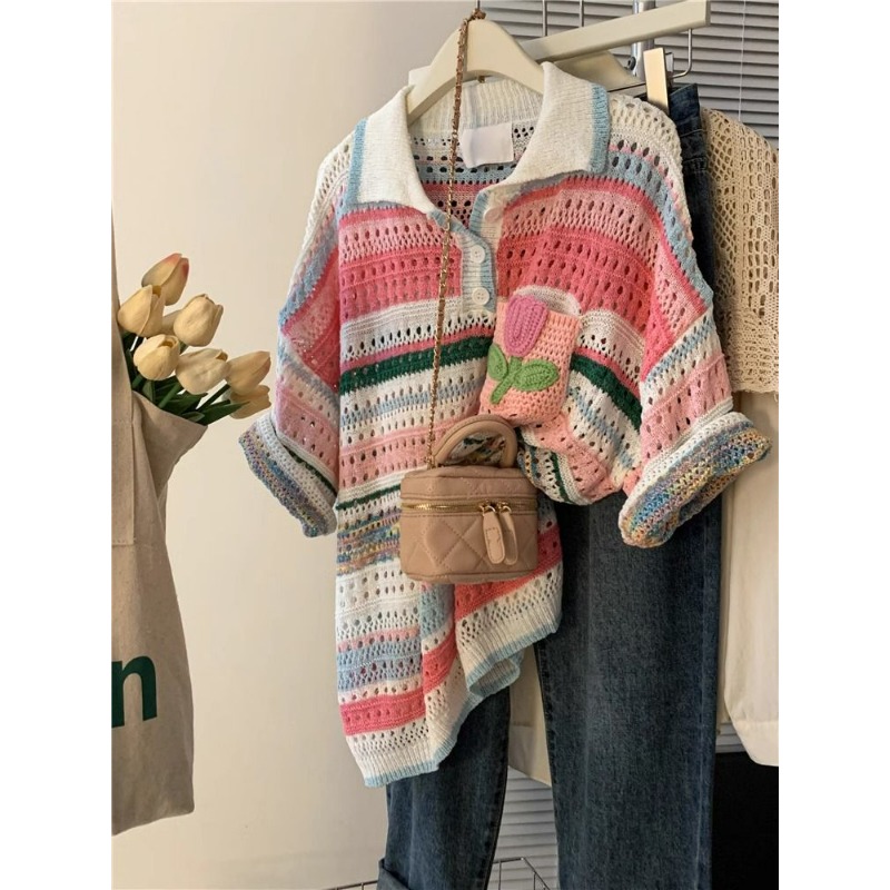 女性服夏のコントラストカラーストライプ中空アウト半袖ニットヴ - Summer Clothing Yarn のレビューと価格