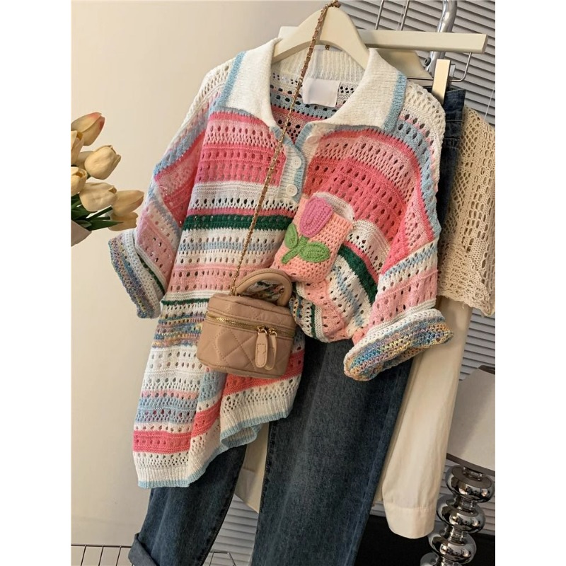 女性服夏のコントラストカラーストライプ中空アウト半袖ニットヴ - Summer Clothing Yarn のレビューと価格
