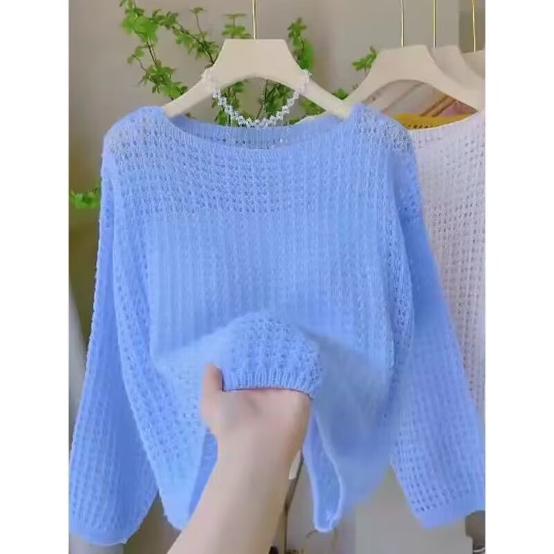 レディースルーズ薄手ニット長袖カバーアップトップ韓国春夏新フ - Summer Clothing Yarn のレビューと価格