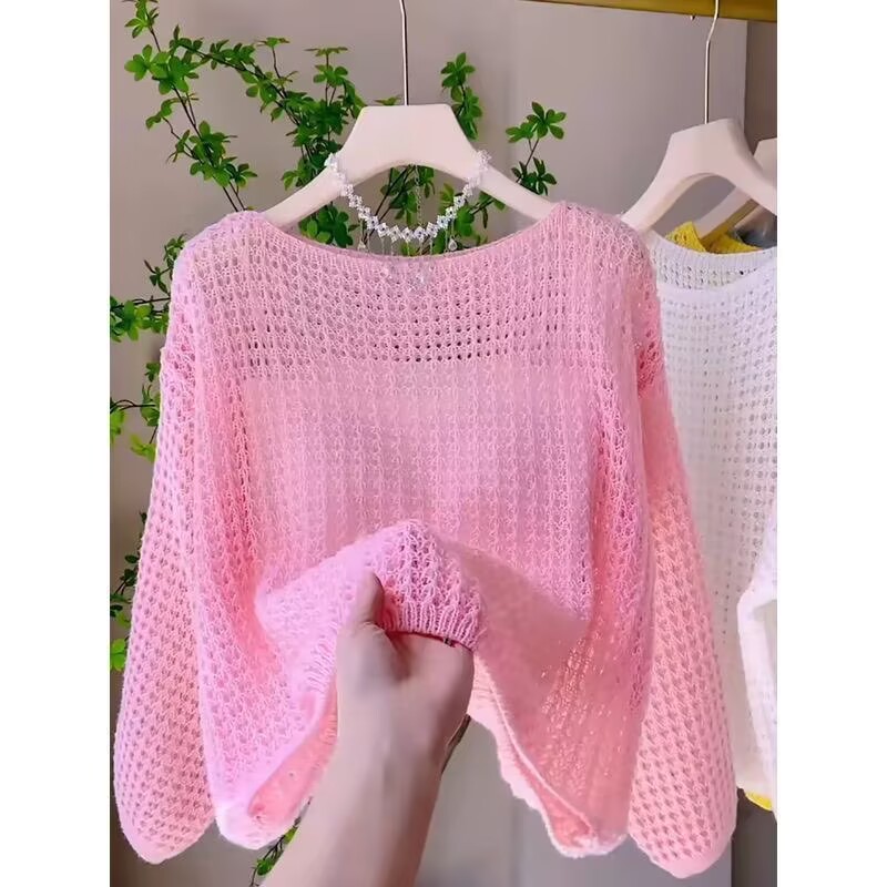 レディースルーズ薄手ニット長袖カバーアップトップ韓国春夏新フ - Summer Clothing Yarn のレビューと価格