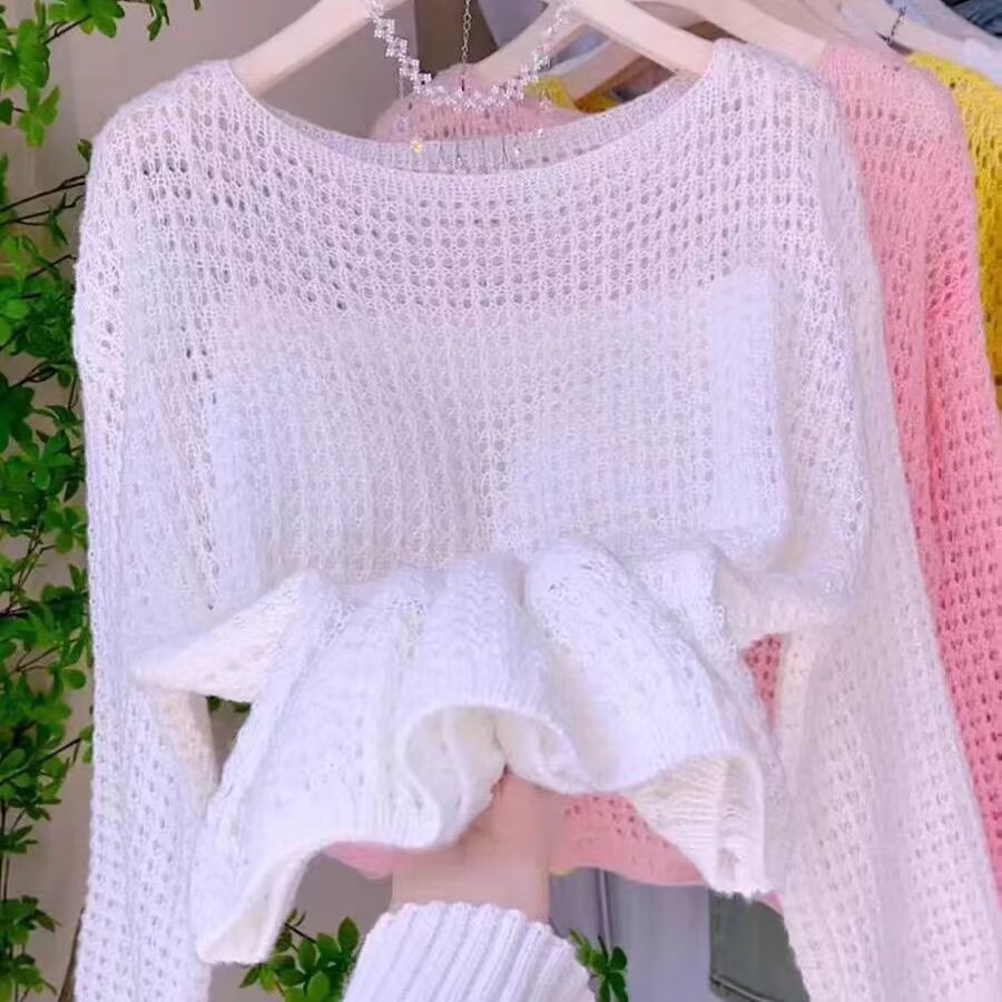 レディースルーズ薄手ニット長袖カバーアップトップ韓国春夏新フ - Summer Clothing Yarn のレビューと価格