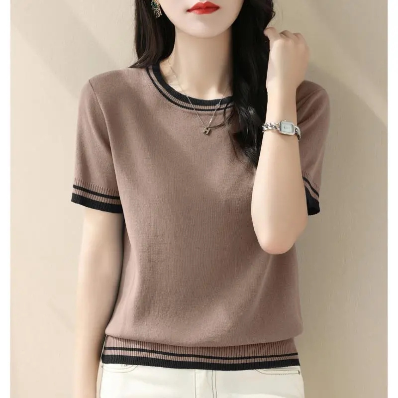 新しい夏の V ネックニットセーター女性の半袖ジャンパープル - Summer Clothing Yarn のレビューと価格