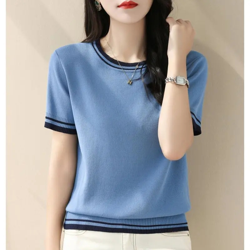 新しい夏の V ネックニットセーター女性の半袖ジャンパープル - Summer Clothing Yarn のレビューと価格