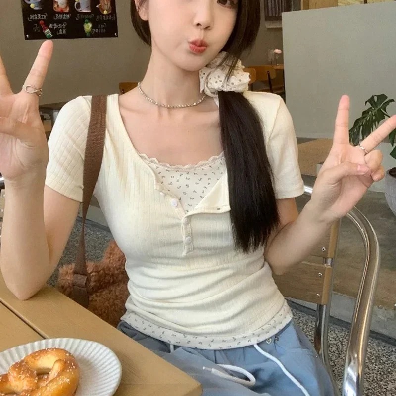 新しい女性のレーススプライスリブ編みTシャツスリムフィット半 - Crop Blouse Linen のレビューと価格