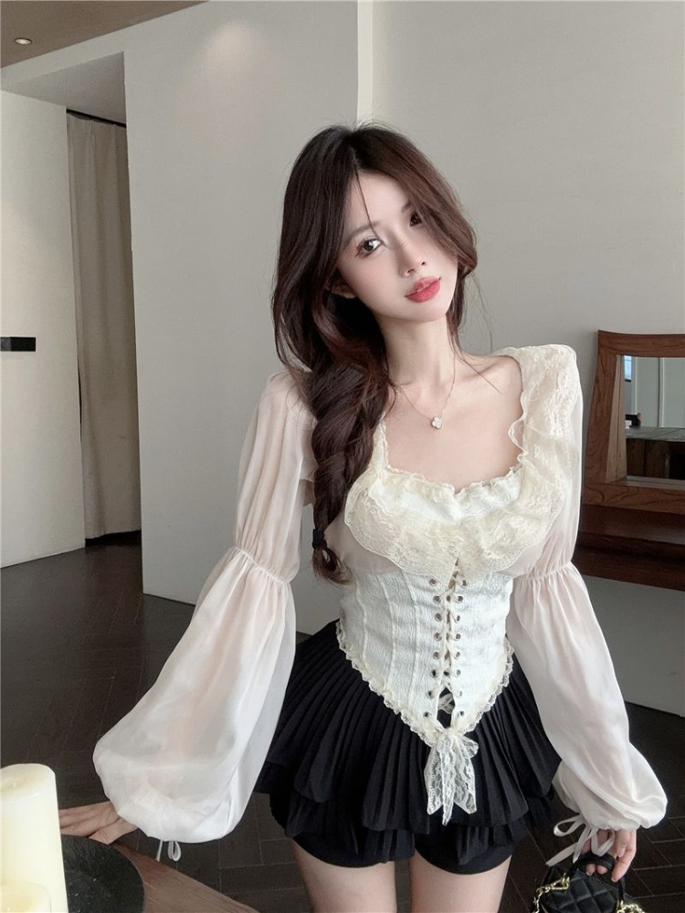 固体ブラウス女性レースアップクロップトップス春韓国スタイルヴ - Crop Blouse Linen のレビューと価格