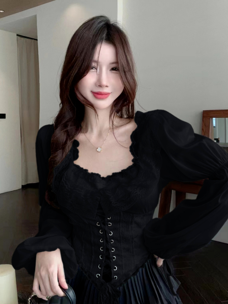 固体ブラウス女性レースアップクロップトップス春韓国スタイルヴ - Crop Blouse Linen のレビューと価格