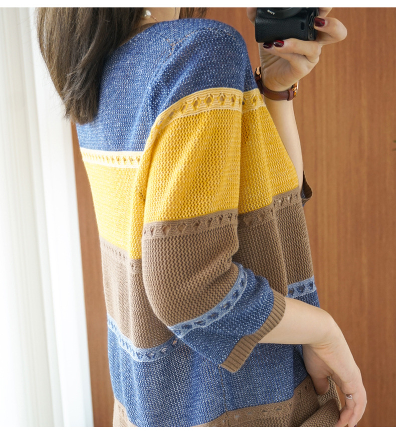 女性セーター 3/4 袖韓国ファッションストライププルオーバ - Summer Clothing Yarn のレビューと価格