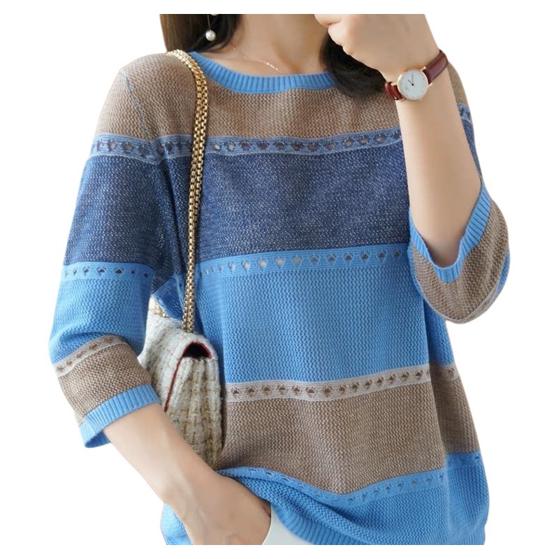 女性セーター 3/4 袖韓国ファッションストライププルオーバ - Summer Clothing Yarn のレビューと価格