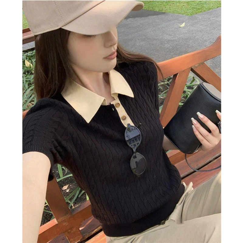 女性服ニットセーター女性プルオーバー新しい夏半袖ターンダウン - Summer Clothing Yarn のレビューと価格