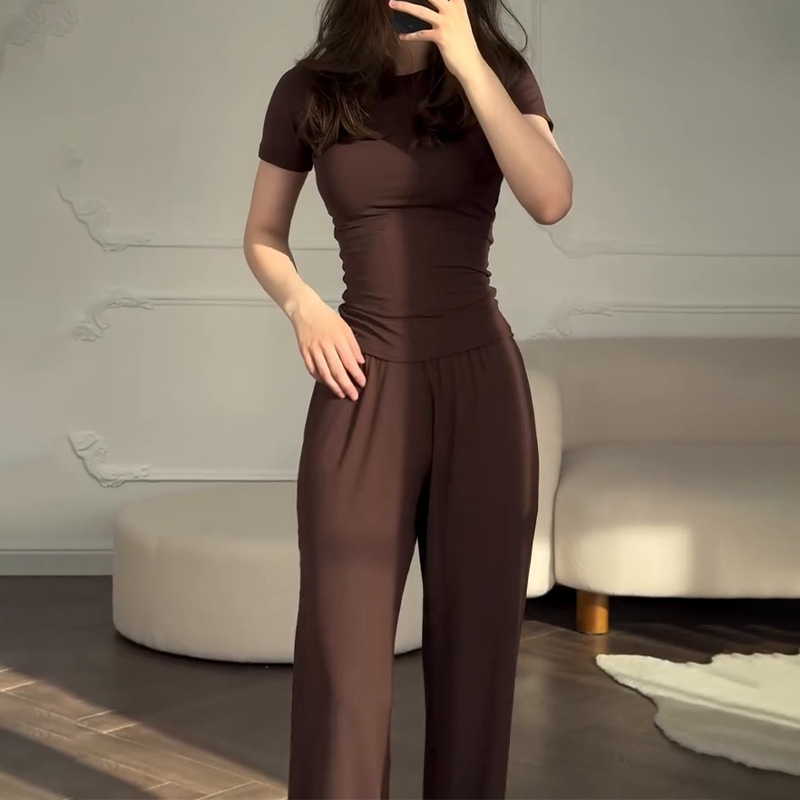 カジュアル長ズボンスーツ女性 O ネック半袖 Tシャツ弾性ウ - Summer House Clothing のレビューと価格