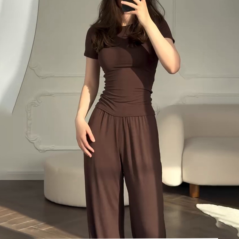 カジュアル長ズボンスーツ女性 O ネック半袖 Tシャツ弾性ウ - Summer House Clothing のレビューと価格