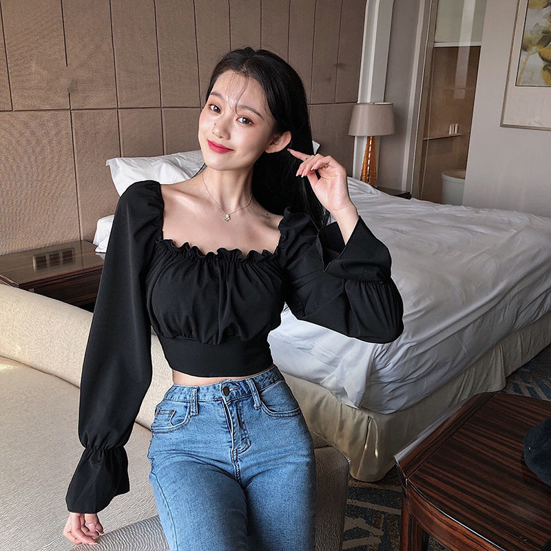 パフスリーブのセクシーな黒のブラウス,エレガントな女性,魅力 - Crop Blouse Linen のレビューと価格