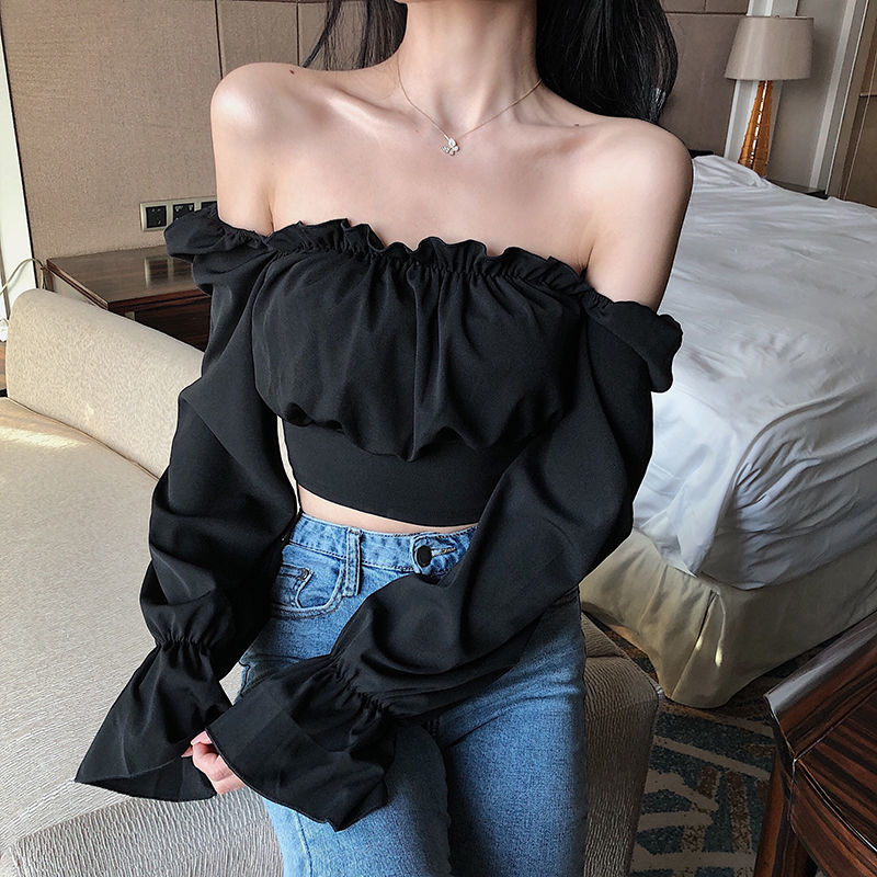 パフスリーブのセクシーな黒のブラウス,エレガントな女性,魅力 - Crop Blouse Linen のレビューと価格