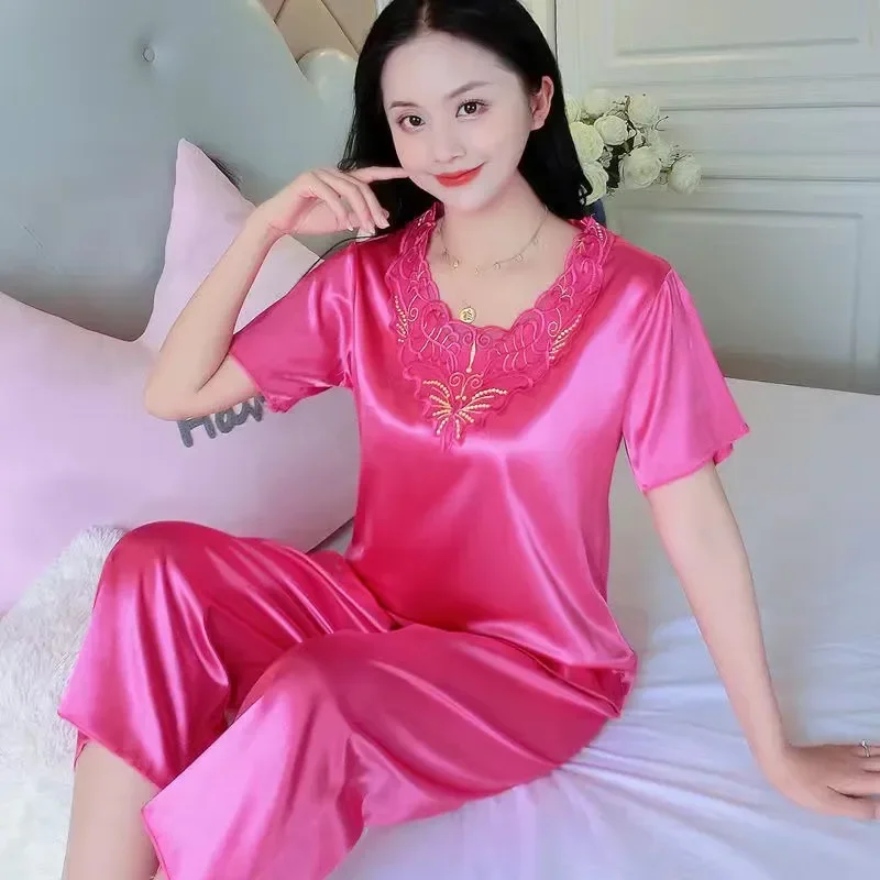 女性用半袖Vネックパジャマセット,大きなレースのホームウェア - Summer House Clothing のレビューと価格