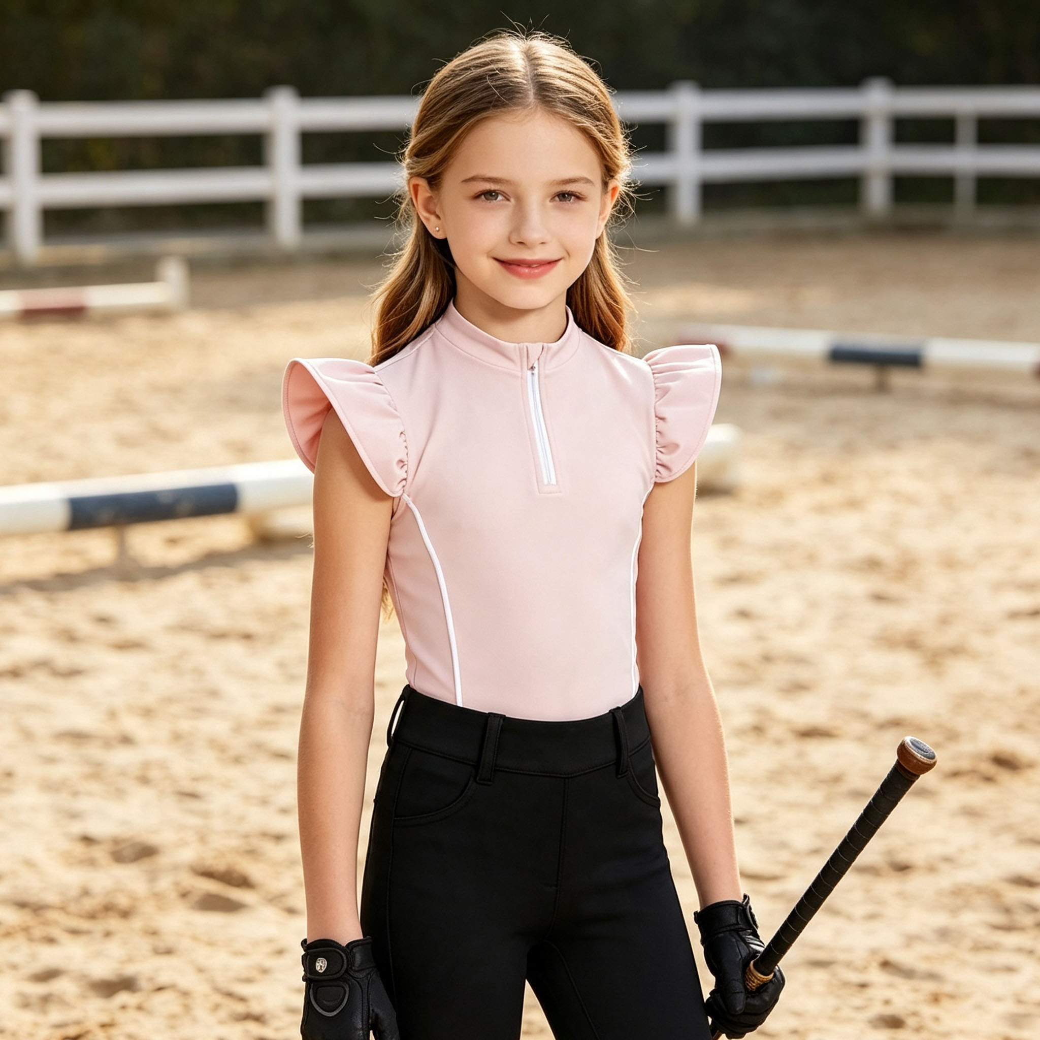 キッズガールズ乗馬シャツトップ乗馬服フリル袖ジップアップスタ - Summer Equestrian Clothing のレビューと価格