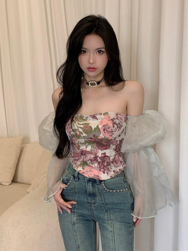 女性のためのヴィンテージフローラルプリントブラウス,ショート - Crop Blouse Linen のレビューと価格