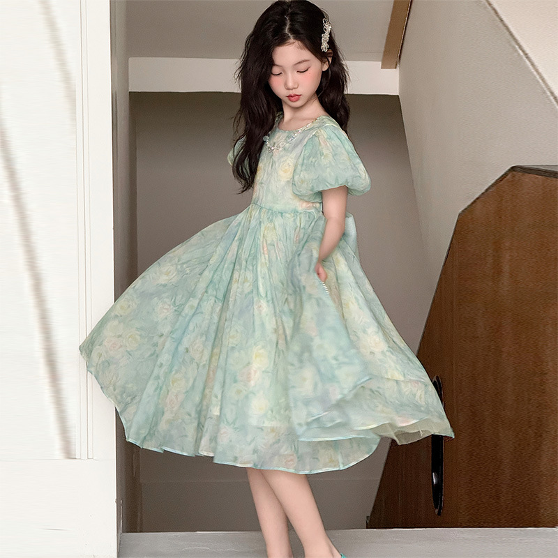 夏用4-14歳ティーンガールズバブルスリーブフラワー プリン - Summer Gauze Clothing のレビューと価格