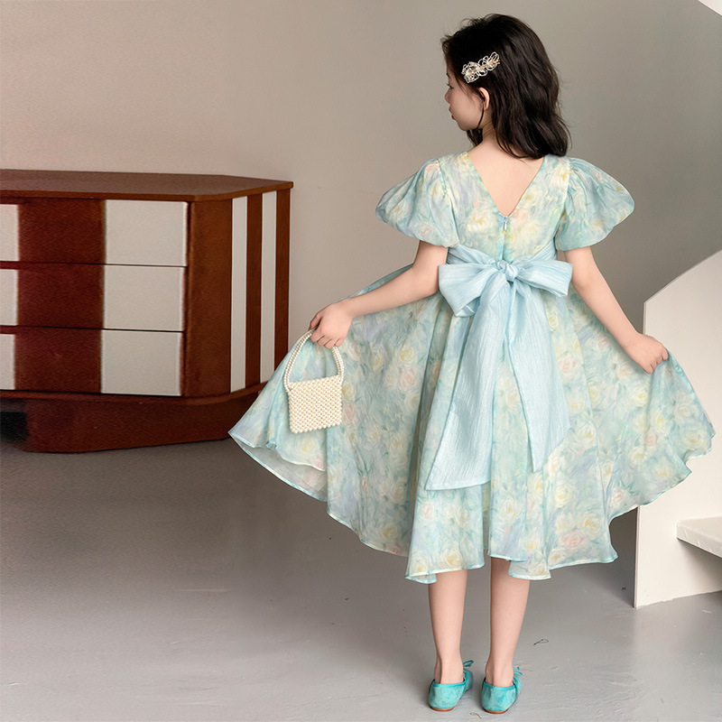夏用4-14歳ティーンガールズバブルスリーブフラワー プリン - Summer Gauze Clothing のレビューと価格