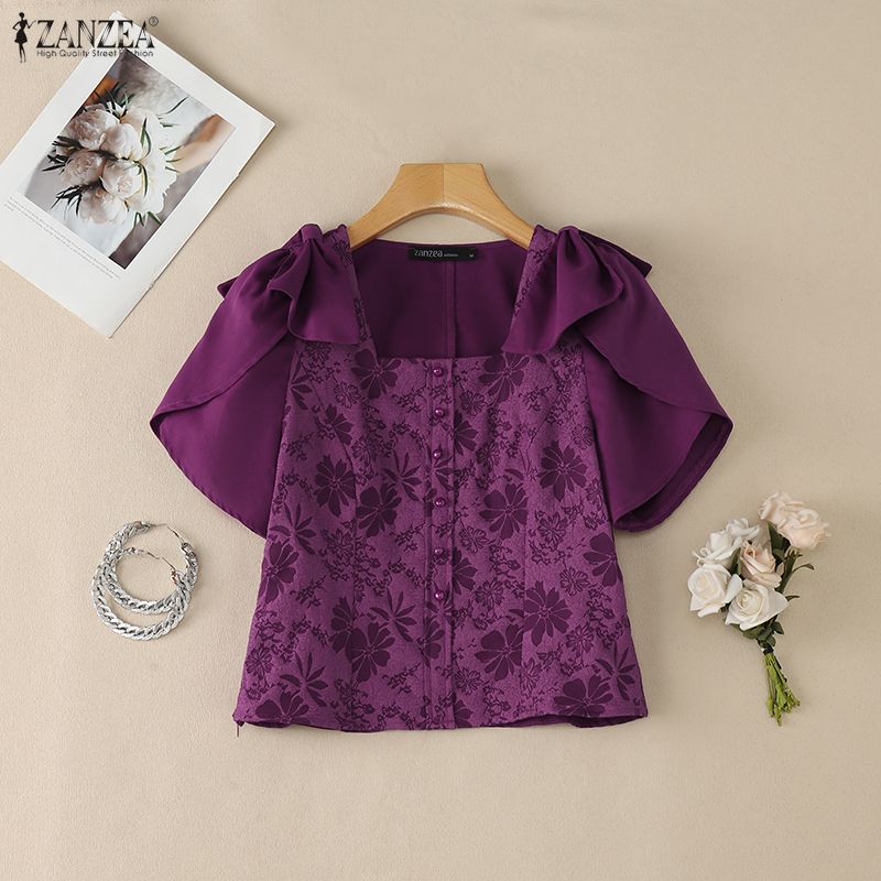 ZANZEA 女性エレガントな花柄ジャカードブラウススクエア - Summer De Clothing のレビューと価格