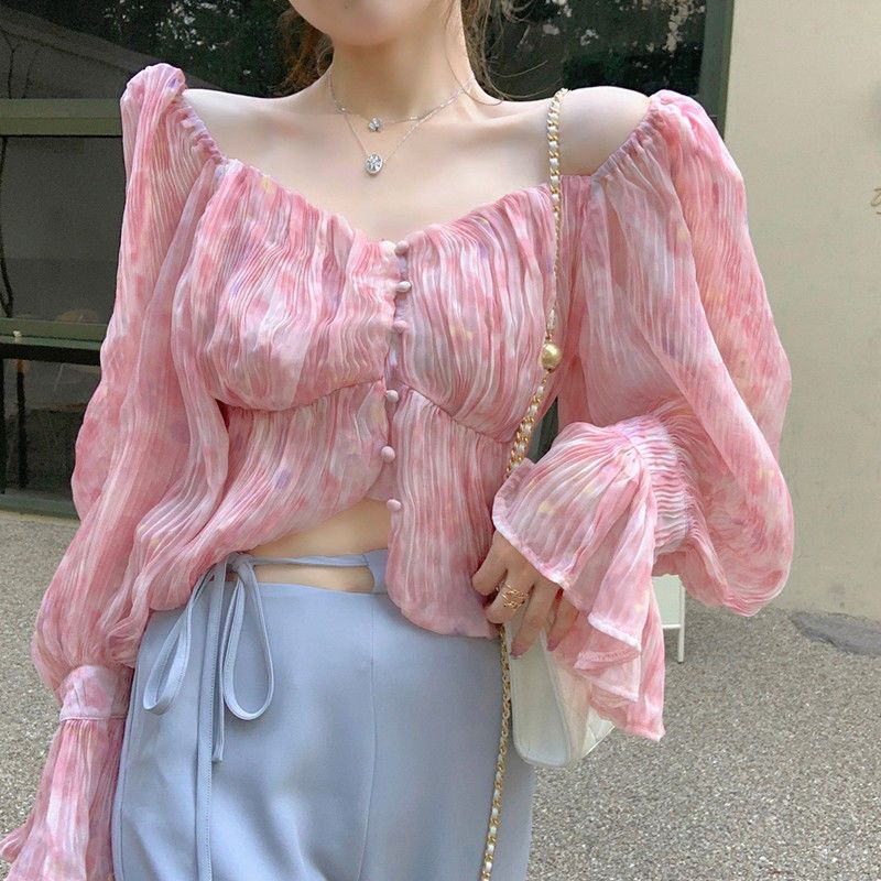 セクシーで可愛いスイートスクエアネックプリントパーティー ク - Crop Blouse Linen のレビューと価格