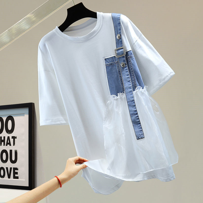 女性の非対称半袖プルオーバー、カジュアルなガーゼパッチワーク - Summer Gauze Clothing のレビューと価格