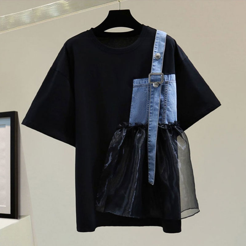 女性の非対称半袖プルオーバー、カジュアルなガーゼパッチワーク - Summer Gauze Clothing のレビューと価格