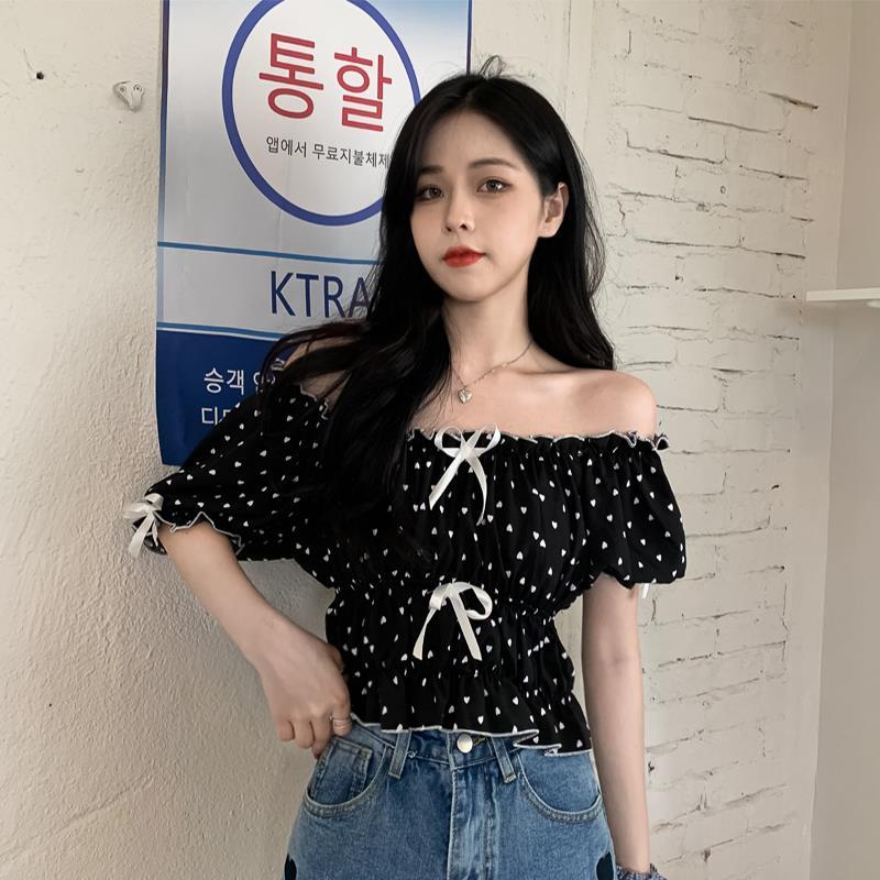 女性用パフスリーブのショートブラウス,水玉模様のセクシーなサ - Crop Blouse Linen のレビューと価格