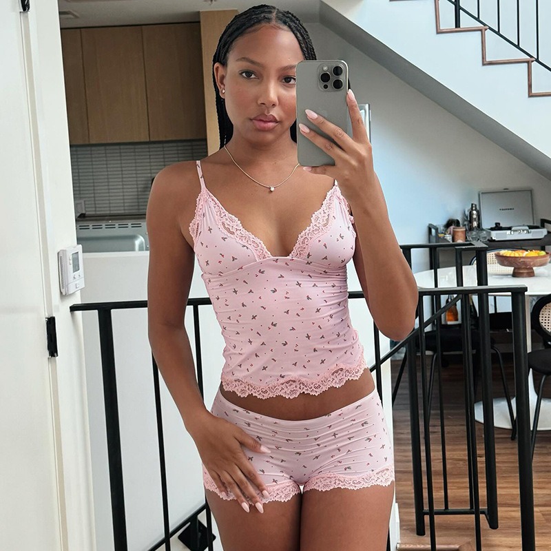 夏の女性のレースパッチワーク花柄プリントパジャマセットセクシ - Summer House Clothing のレビューと価格