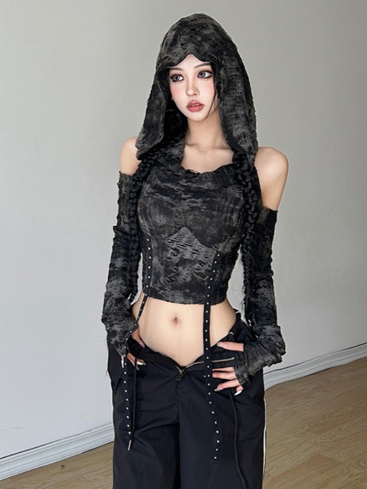 フード付きy2kレディーストップ,ショートTシャツ,裸の肩, - Summer De Clothing のレビューと価格