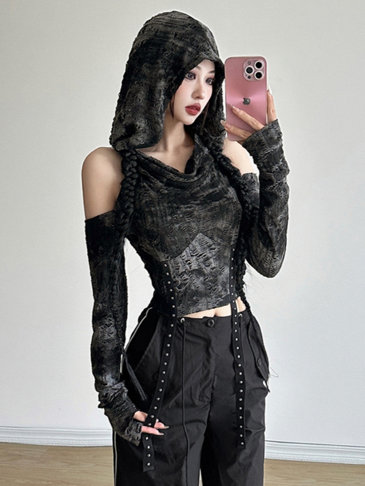 フード付きy2kレディーストップ,ショートTシャツ,裸の肩, - Summer De Clothing のレビューと価格