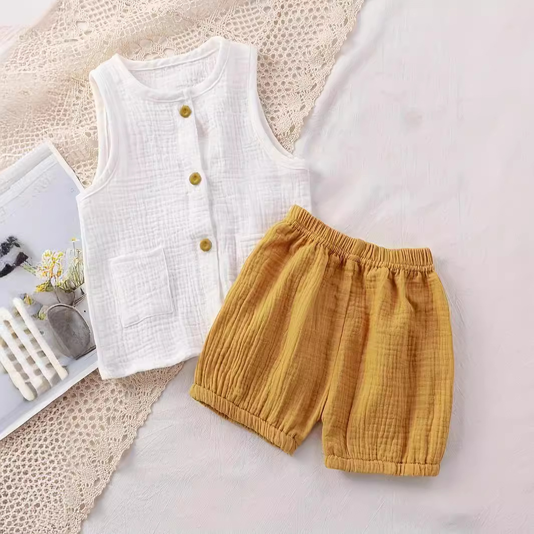 幼児女の子夏 2 ピース服セット軽量ガーゼノースリーブカーデ - Summer Gauze Clothing のレビューと価格