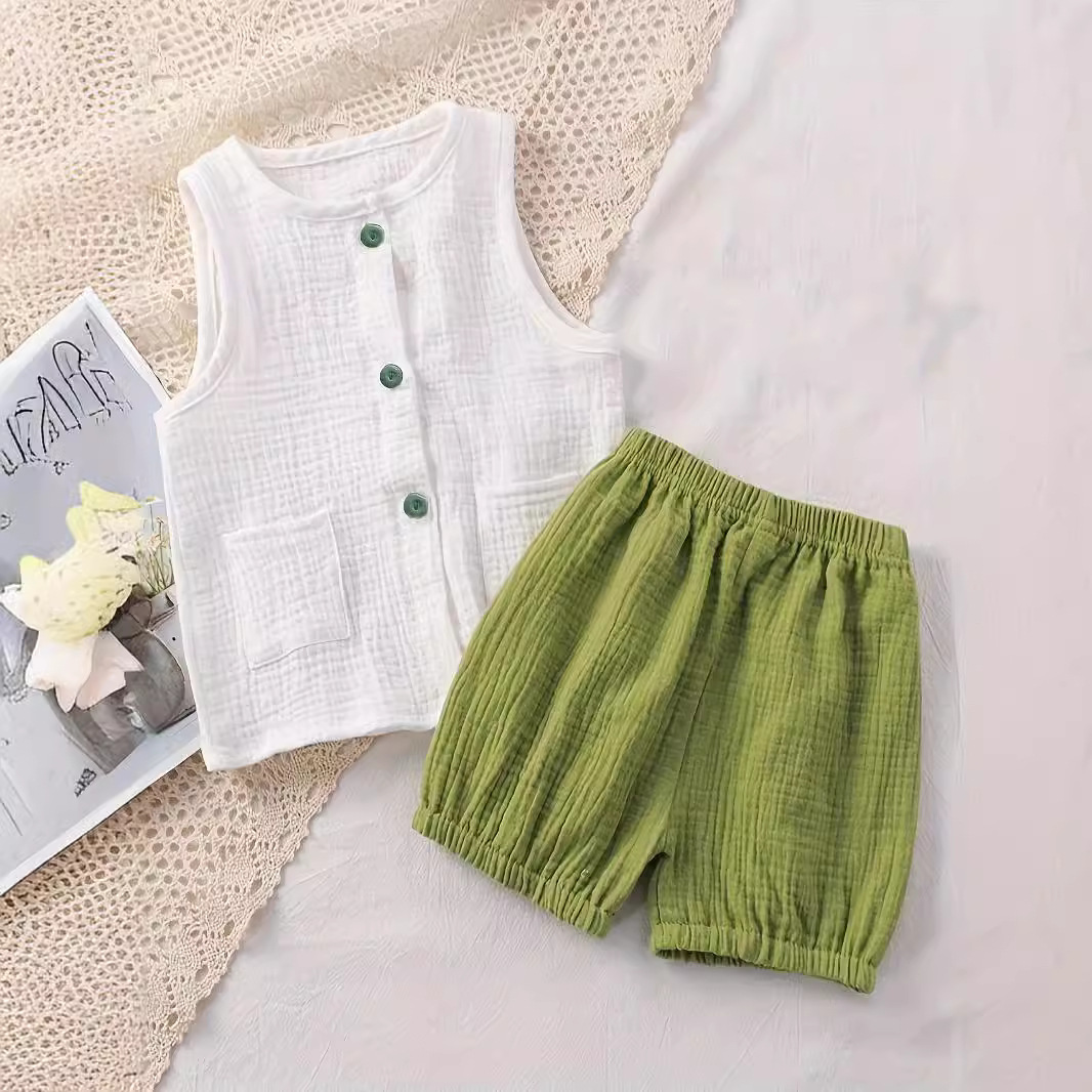 幼児女の子夏 2 ピース服セット軽量ガーゼノースリーブカーデ - Summer Gauze Clothing のレビューと価格