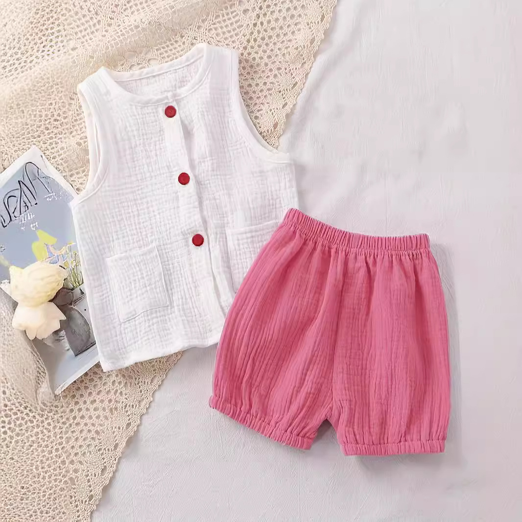 幼児女の子夏 2 ピース服セット軽量ガーゼノースリーブカーデ - Summer Gauze Clothing のレビューと価格