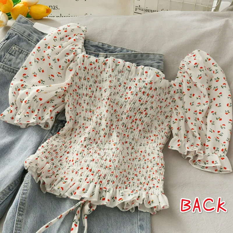 花柄のフリルプリーツブラウス,レディースシャツ,スリム,タイ - Crop Blouse Linen のレビューと価格