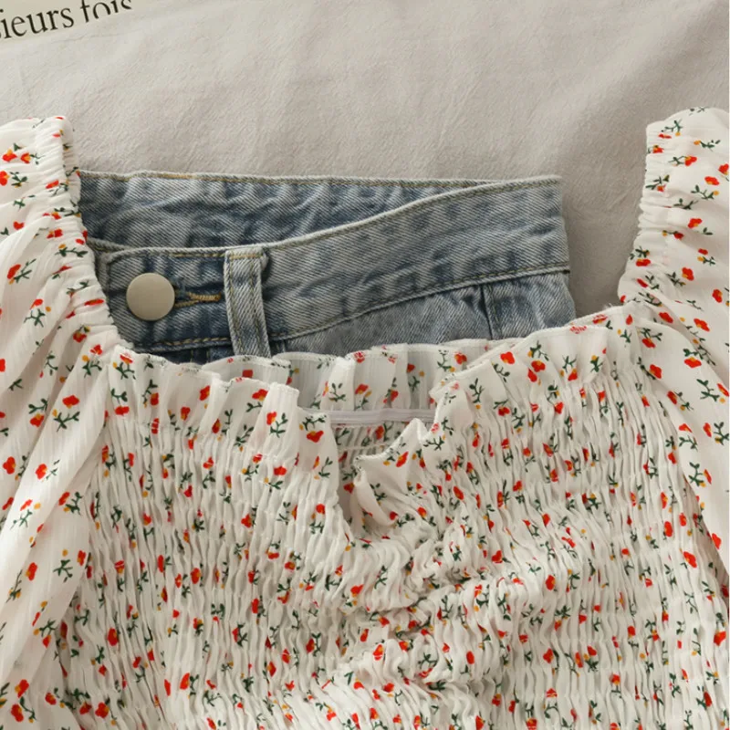 花柄のフリルプリーツブラウス,レディースシャツ,スリム,タイ - Crop Blouse Linen のレビューと価格